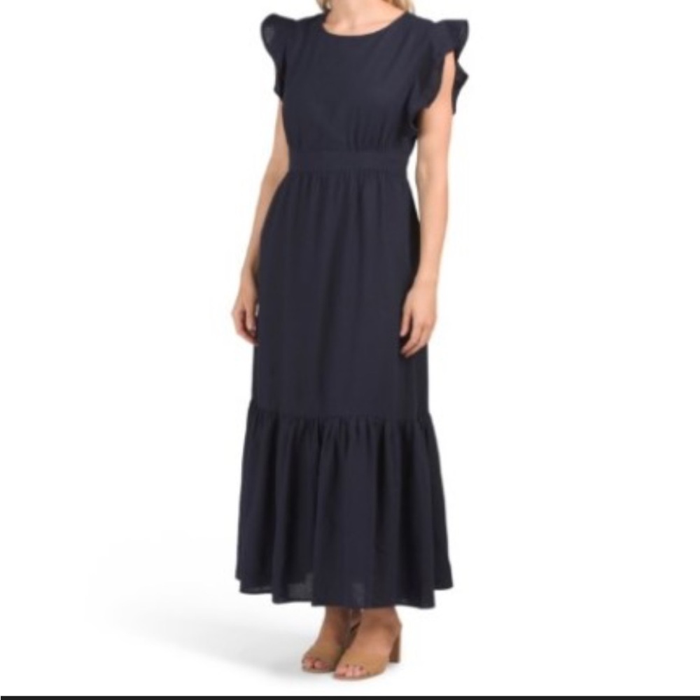 For Cynthia Linen Navy Blue Ruffle Cap Sleeve Boatneck Boho Tiered Maxi Dress L